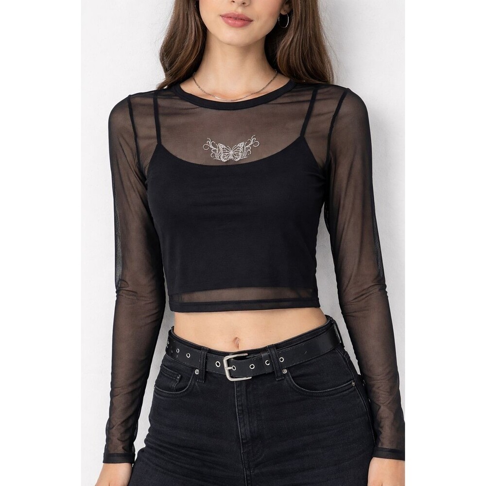Vine and Valley Women's Mesh Grunge Whimsigoth Large Black Top Sheer Festival‎